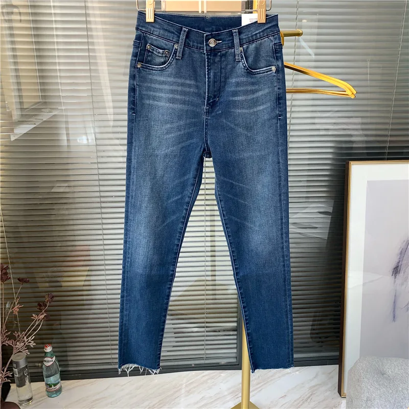 Для женщин брюки 2019 осень-зима мытого синего цвета тонких облегающих брюк Ноги обтягивающие джинсы