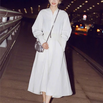 

DEAT Leisure Vogue V Neck Ankle Length Dresses Full Sleeve Pleated High Waist Women Slim Thin White Dress 2020 Autumn New TD472