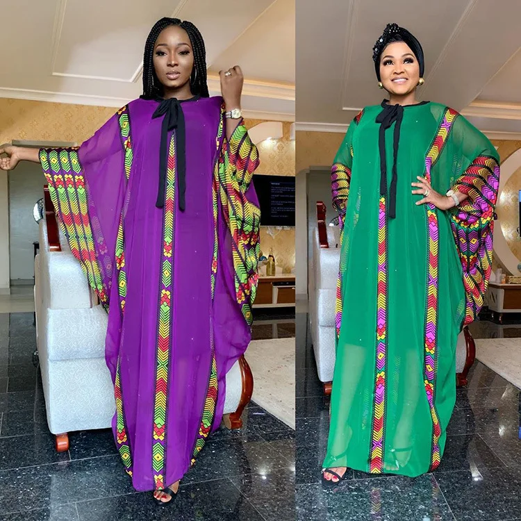 

New African women's clothing Dashiki fashion Chiffon digital print long dress + black skirt two piece loose bust 160 cm
