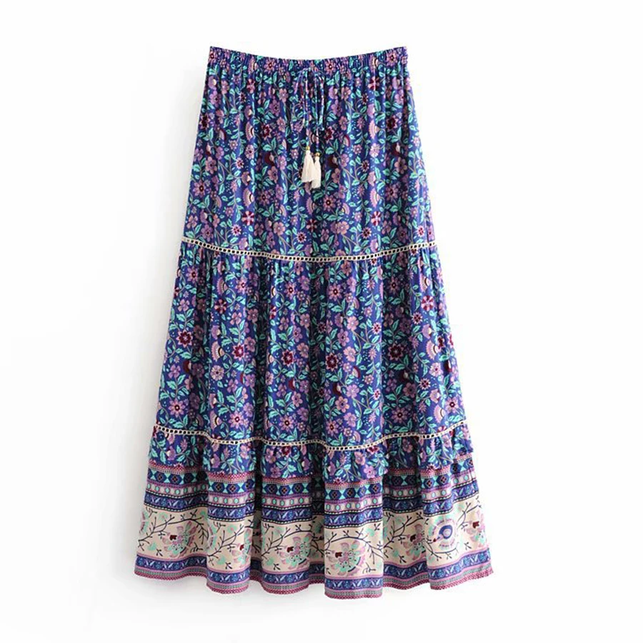 TEELYNN юбка миди для женщин городская Цыганская пляжная одежда из вискозы с цветочным принтом летняя юбка с завязками на талии - Цвет: MIDI skirt