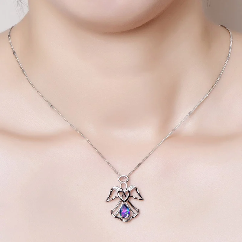Guardian Angel Wing Heart Pendant Necklaces Dazzling Zircon Purple Crystal Luxury Valentine
