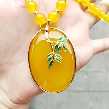 

925 Silver Natural Ice Yellow Yushu Leaf Pendant Women