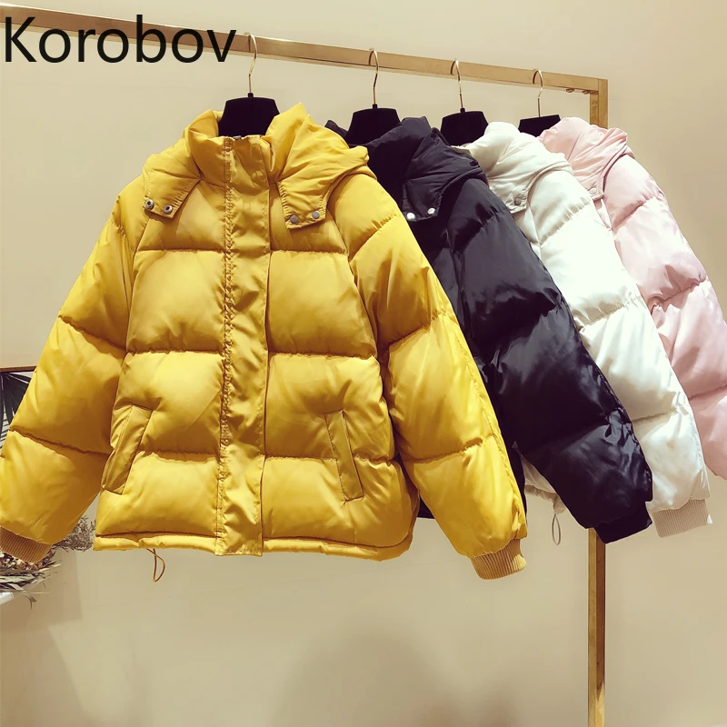 

Korobov 2019 New Winter Solid Short Thick Women Parkas Korean Long Sleeve Jackets Femme Harajuku Pockets Hooded Coats 79028