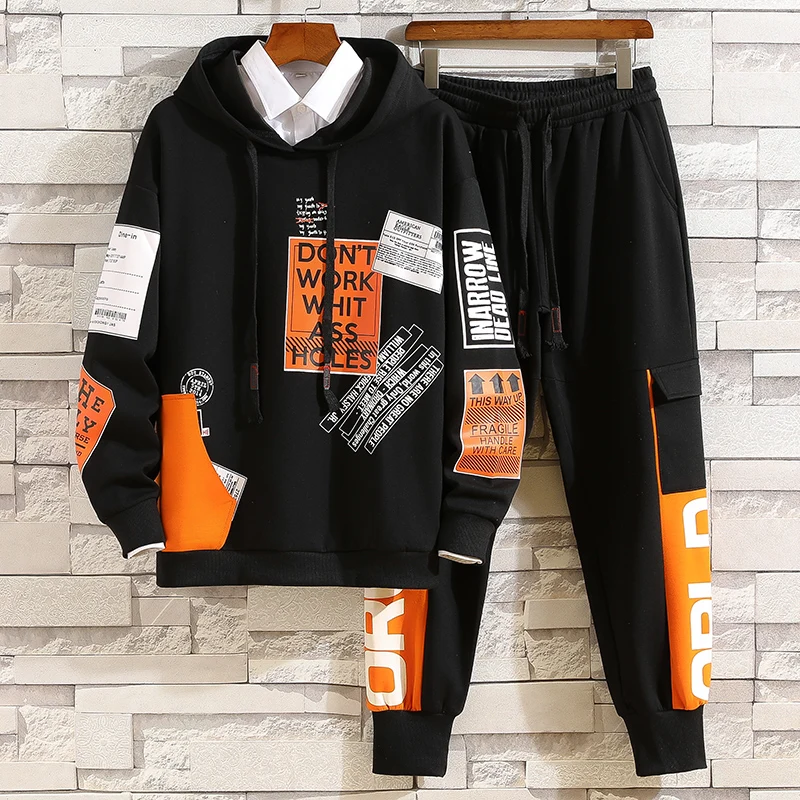 Fashion Men Set Elastic Waist Trousers Long sleeve Pullover Hoodie