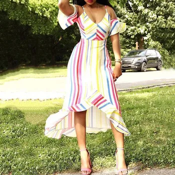 

Asymmetric Short Sleeve V-Neck Casual Women Summer Long Striped Dress Sexy Spaghetti Strap High Low Holiday Tunic Beach Dress