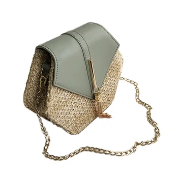 

Straw Tassel Beach Woven Women Bags Hexagon Summer Chain Knitting Shoulder Crossbody Small Handbag Messenger