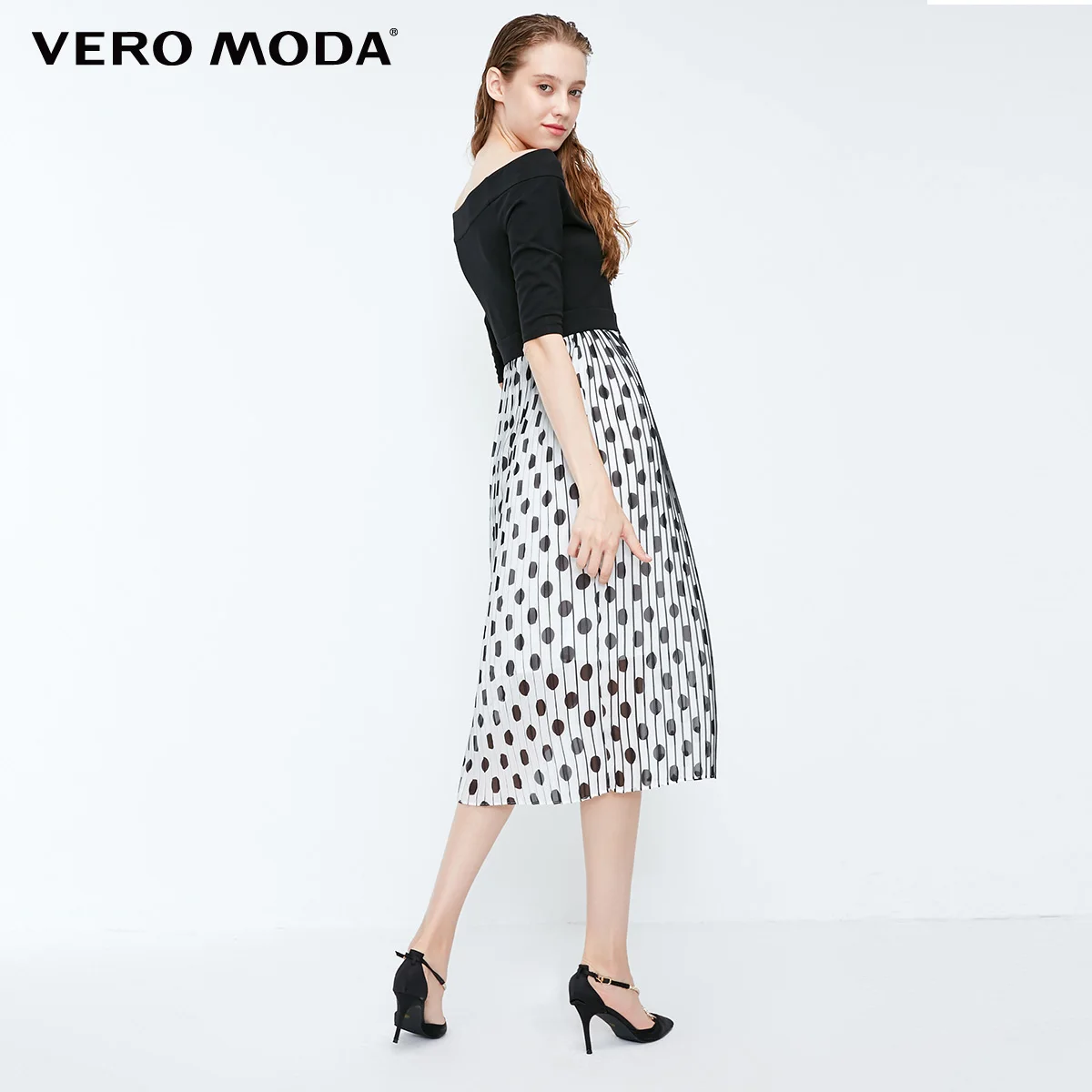 Vero Moda Новое поступление платье в горошек с вырезом лодочкой и рукавами 3/4 | 31837C537