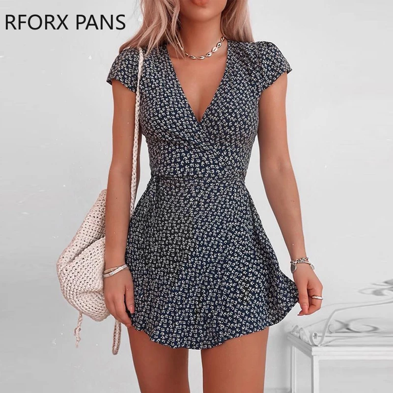 Vestido corto con de flores para mujer, vestido acortado y con estampado floral, informal, elegante, con escote en V y manga corta| Vestidos| - AliExpress