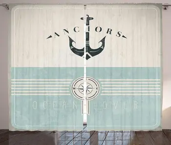 

Nautical Window Curtains Aged Ocean Lover Phrase with Anchor and Compass Marine Adventure Design Living Room Decor Bedroom Beige