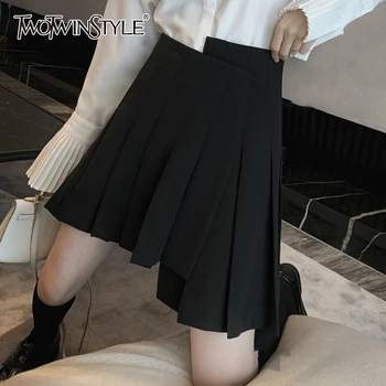 

TWOTWINSTYLE Women's Skirt High Waist Large Size Casual Asymmetric Pleated A Line Mini Skirts Female 2020 Spring Summer Fashion