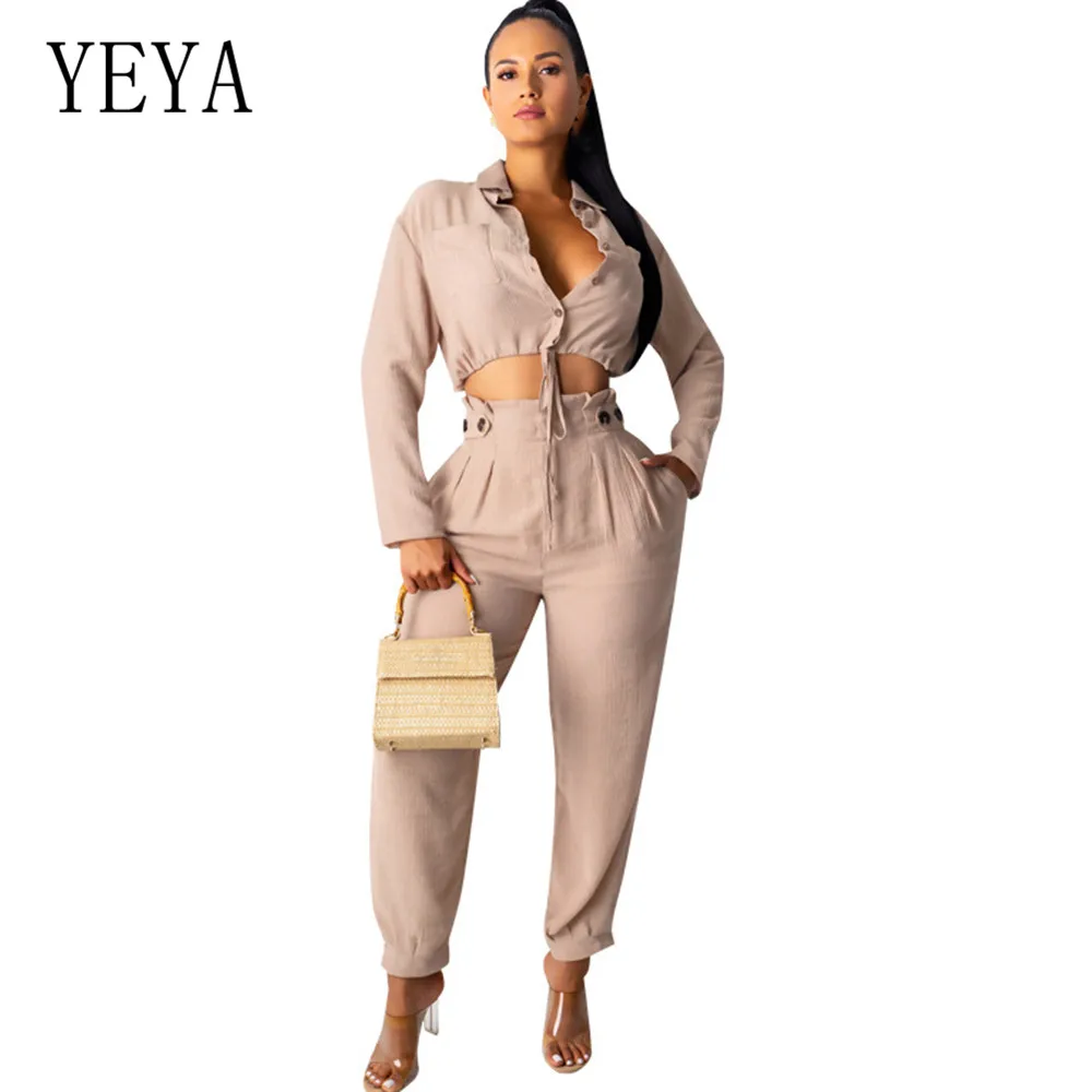 

YEYA High Quality Ladies POLO Collar Split Fashion New Two Pieces Sets Button Pockets Jumpsuits Women Casual Autumn Playsuits