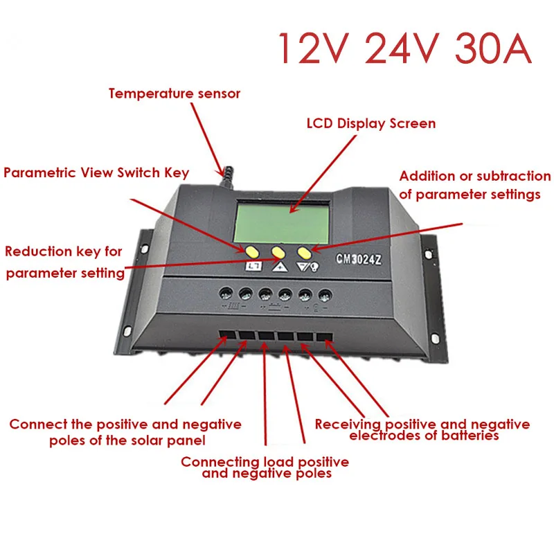 10A 12V/24V LCD Display Solar Controller PWM Solar Panel Automatic Regulator Automatic Identification of Lead-Acid Battery - Цвет: 12V 24V 30A