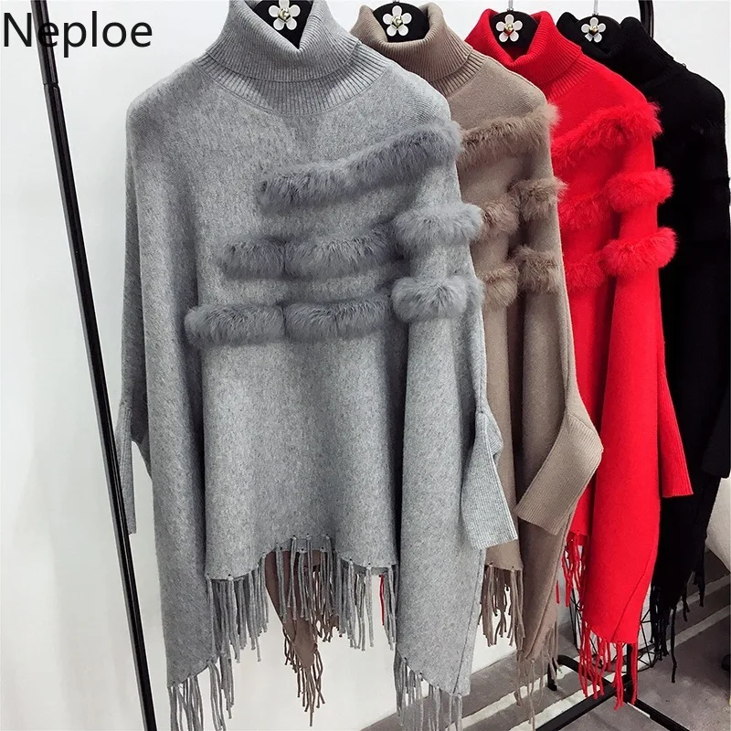 

Neploe Loose Plus Size Pull Femme Hiver Korean Loose Wild Tassel Bat Knit Sweater Fashion Patchwork Cloak Pullover Thick 45813