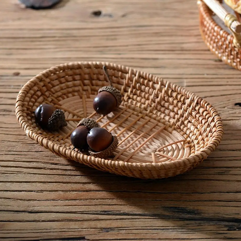 

Rattan Bread Storage Tray Dinner Coffee Fruits Breakfast Serving Tray Oval Hand-Woven Tea Tray Breakfasts Home Decoration Crafts