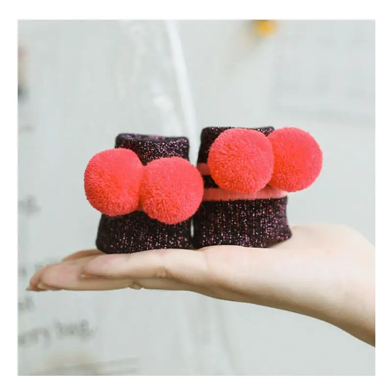 Pink Base Детские однотонные носки с металлическим люрексом и помпонами; зимние блестящие носки в полоску для мальчиков и девочек; детские короткие носки; 4 пары в партии - Цвет: Pink Base