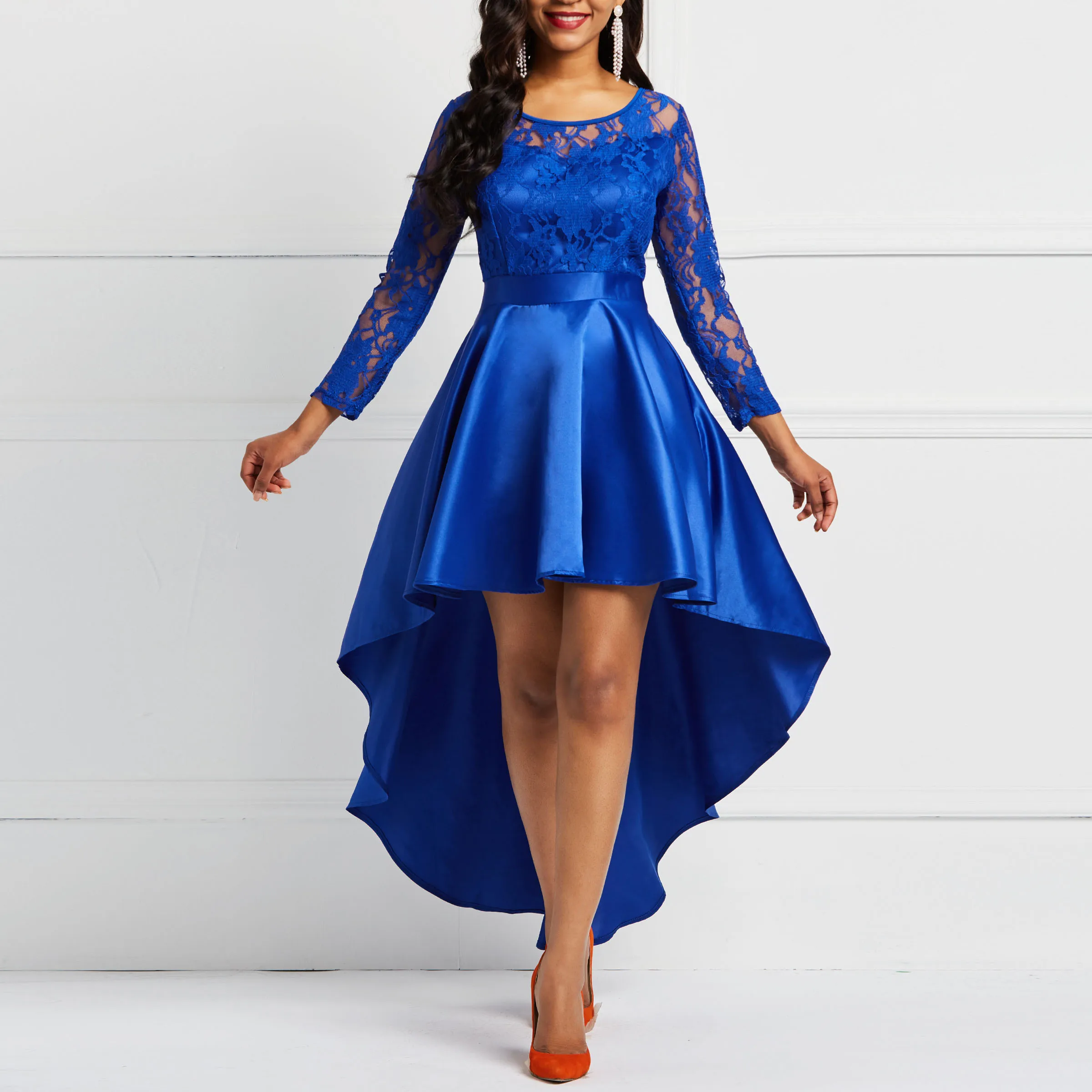 

Front Short Back Long Asymmetric Prom Party Dress Women Lace Patchwork Blue Elegant Evening Dress Sexy Hollow Ball Gown Dresses