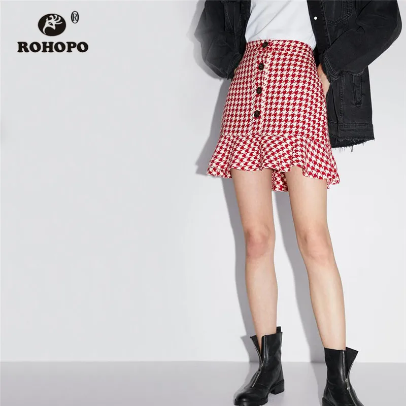 

ROHOPO Front Button Fly Ruffles Houndstooth Jersey Mini Flared Skirt Autumn New Cotton Bottom #2260