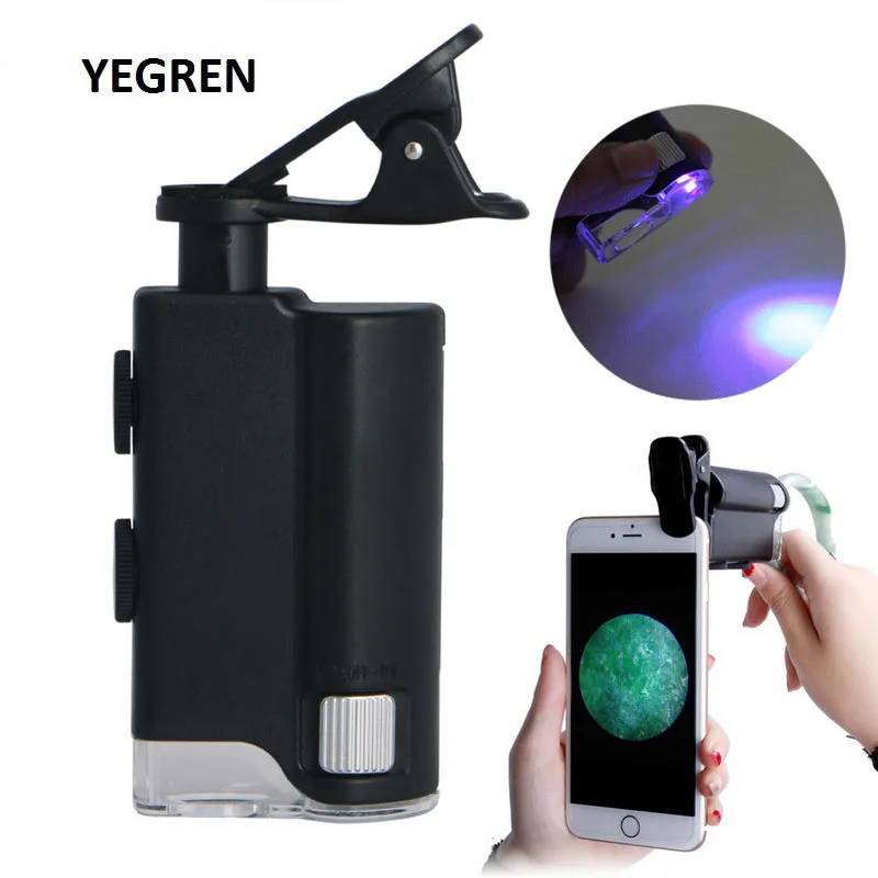 60X/100X Mobile Phone Microscope with Universal Cell Phone Clip Pocket Magnifying Glass LED UV Light f/ Jade Identification