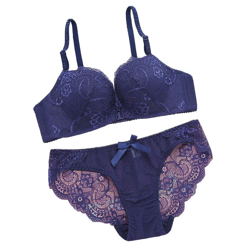 Dark Blue Set Застежка спереди кружевной бюстгальтер без косточек для Для женщин девушек с маленькой грудью, добавьте 2 чашки бюстгальтера бюстгальтер с эффектом пуш ап сексуальный Красота обратно Нижнее белье; мягкие и удобные нижнее белье - Цвет: Dark Blue Set