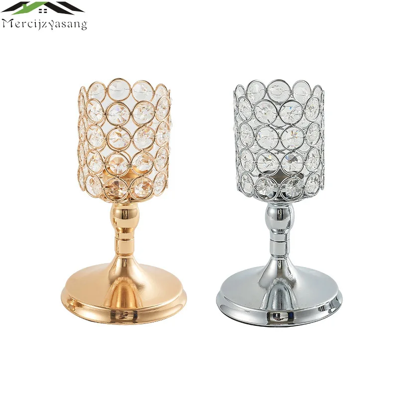 

2PCS/LOT Metal Candle Holders With Crystal Retro Stand Pillar Gold/Silver Candlestick For Wedding Portavelas Candelabra 06101