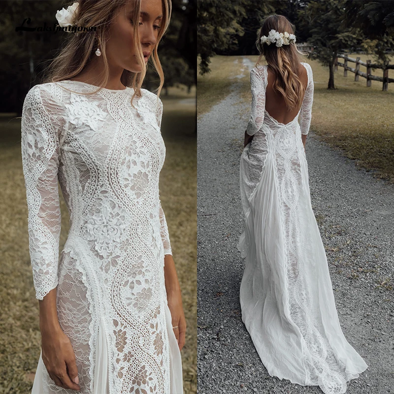 

Lakshmigown Lace A Line Wedding Dresses Long Sleeve Backless Scoop Neck vestido de novia Boho Boho Bridal Gown Robe De Mariee