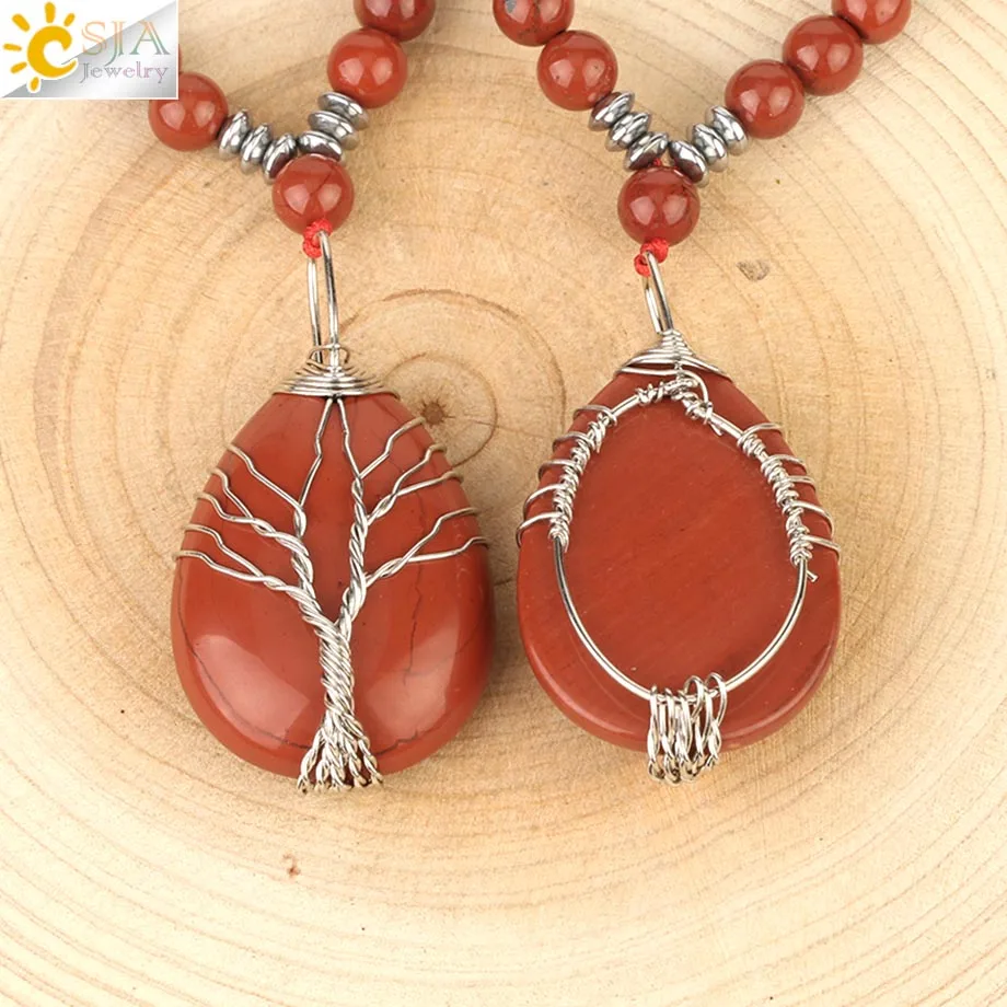 CSJA Natural Gem Stone Red Jaspers Necklaces Tree of Life Wire