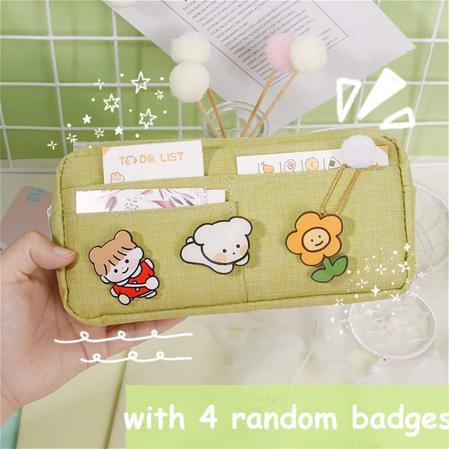 kawaii Large Pencil Case Stationery Storage Bags Canvas Pencil Bag Cute Makeup Bag School Supplies for Girl Kids Gift w/ Badge A-Green