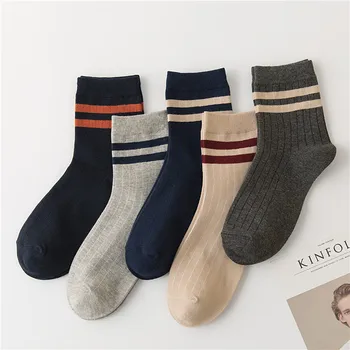 

5 Pairs Of Discounts For Autumn And Winter New Cotton Fashion Tube Men's Socks Dark Stripes Business Casual Men's Socks