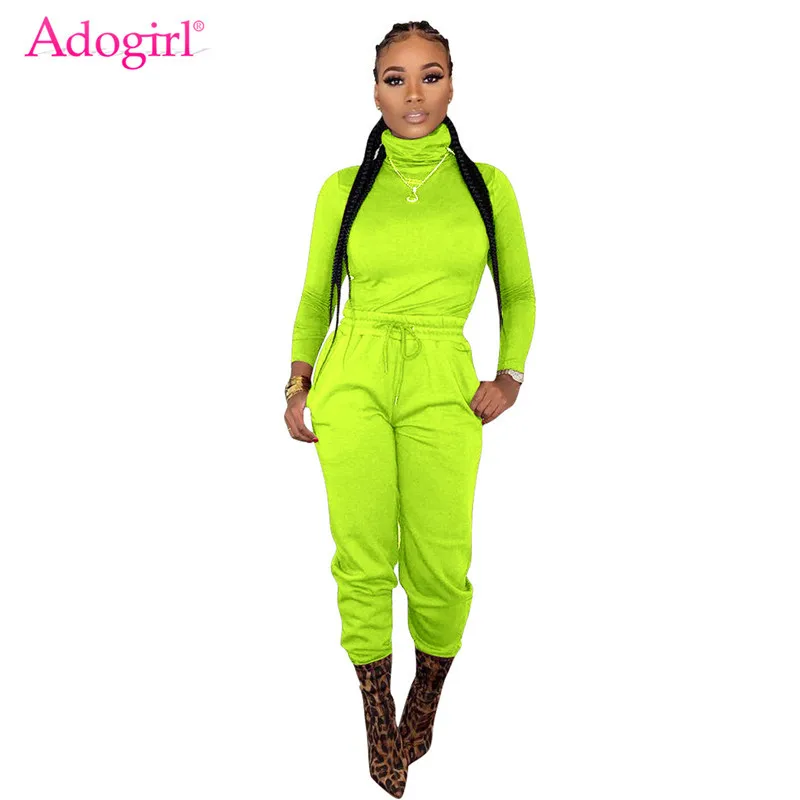 Fluorescent green Adogirl, Женский однотонный повседневный комплект из двух предметов, Осень-зима, водолазка с длинным рукавом, тонкая футболка, топ, узкие брюки, спортивный костюм - Цвет: Fluorescent green