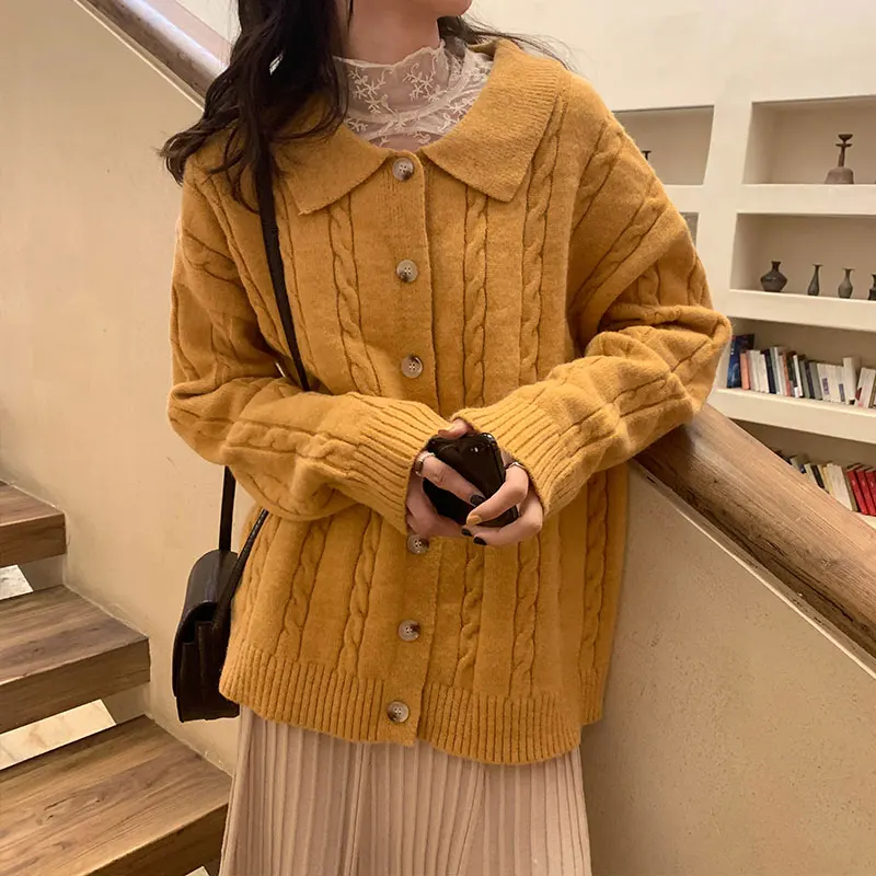 Best Price Women Autumn Winter Cardigan Sweater Coats Female Sweet Long Sleeve Hemp Flowers Jacket Vintage Knitted Sweaters Casual Outwear