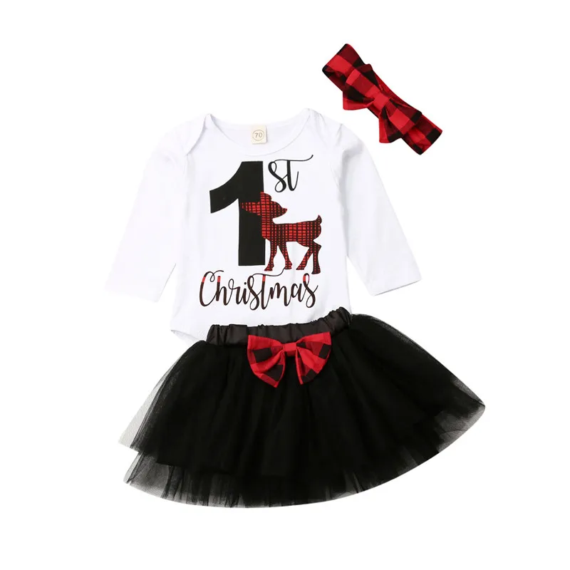 Рождественская Одежда для новорожденных девочек фатиновые юбки с бантом, оголовье в клеточку, боди с длинными рукавами и круглым вырезом и буквенным принтом, комплект детской одежды из 3 предметов