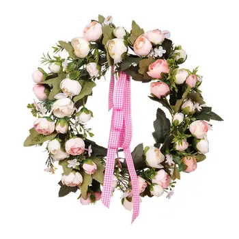 

35CM Rose Flower Wreath Handmade Simulated Spring Decoration Garland Silk Flower for Door Wall Hanging Front Door Valentine Wedd