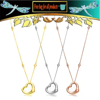 

S925 Sterling Silver 4 Zircons Chain Open Heart Pendant Necklaces for Women Valentine Gift Hot Sale 1:1 Brand Jewelry