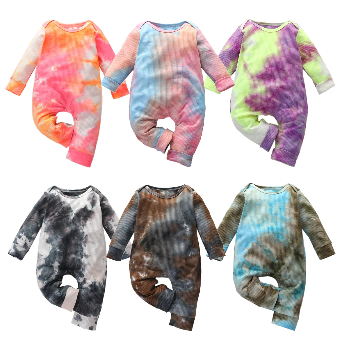 

Fashion New Autumn Spring Newborn Baby Rompers Clothes Long Sleeve Tie Dye Print Ribbed Jumpsuit Toddler Infant Onepieces Outfit