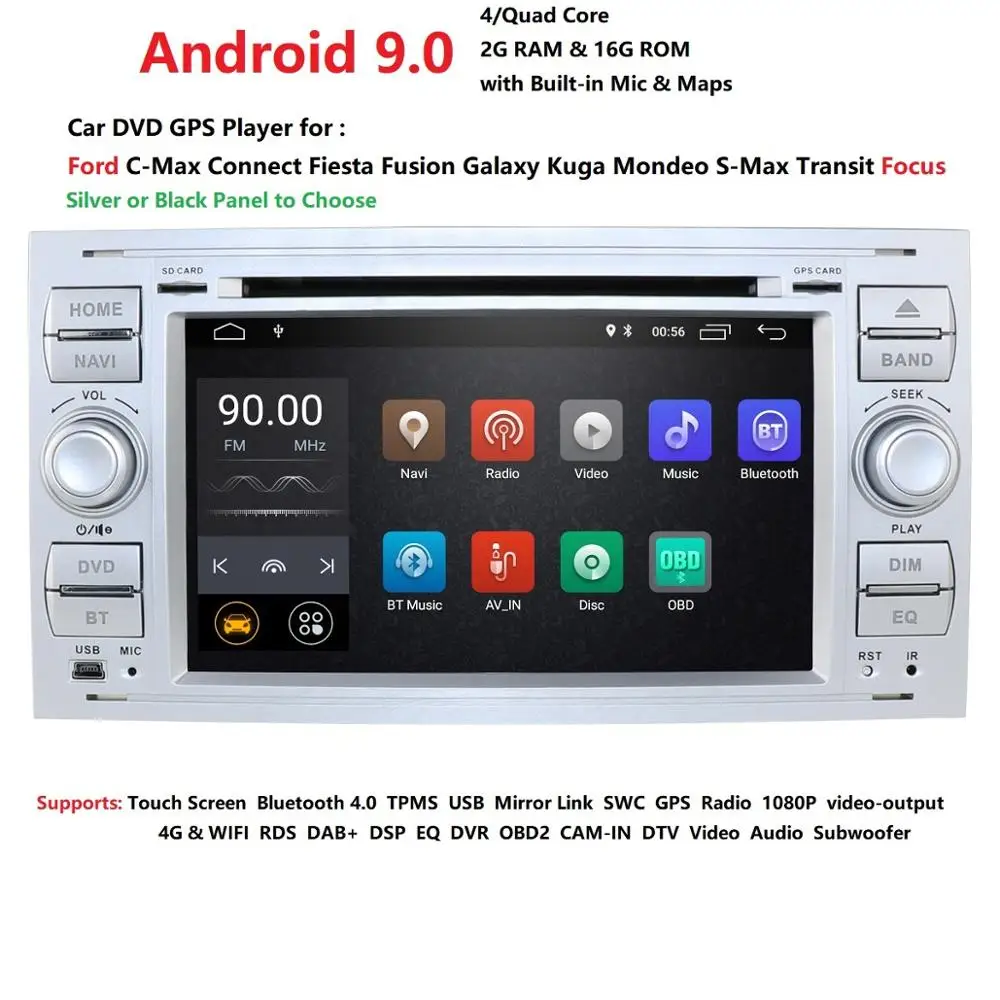 Автомобильный dvd-плеер 2din Android 9 0 DAB + In Dash для Ford Transit Focus Connect S-MAX Kuga Mondeo с