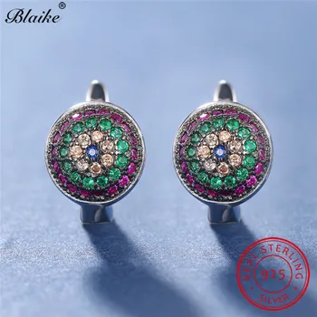 

Boho Multicolor Zircon Round Hoop Earrings For Women Solid 925 Sterling Silver Earrings Luxury Wedding Ear Hooks Mother Jewelry