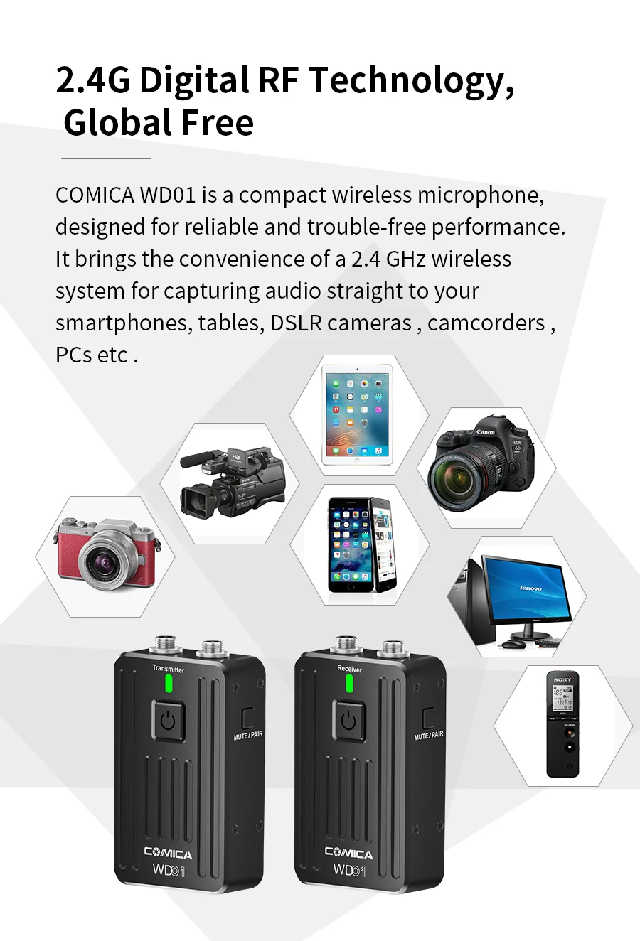 COMICA CVM-WD01 беспроводной микрофон 2,4G цифровой беспроводной микрофон для записи интервью аудио звук для DSLR/смартфона/ПК