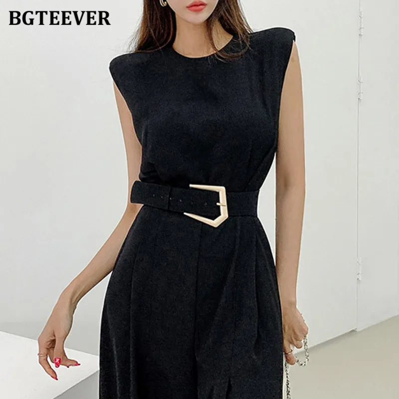 BGTEEVER Summer O-neck Sleeveless Belted Office Ladies Playsuit Wide Leg Split Elegant Loose Women Jumpsuit 2020 Romper Overalls