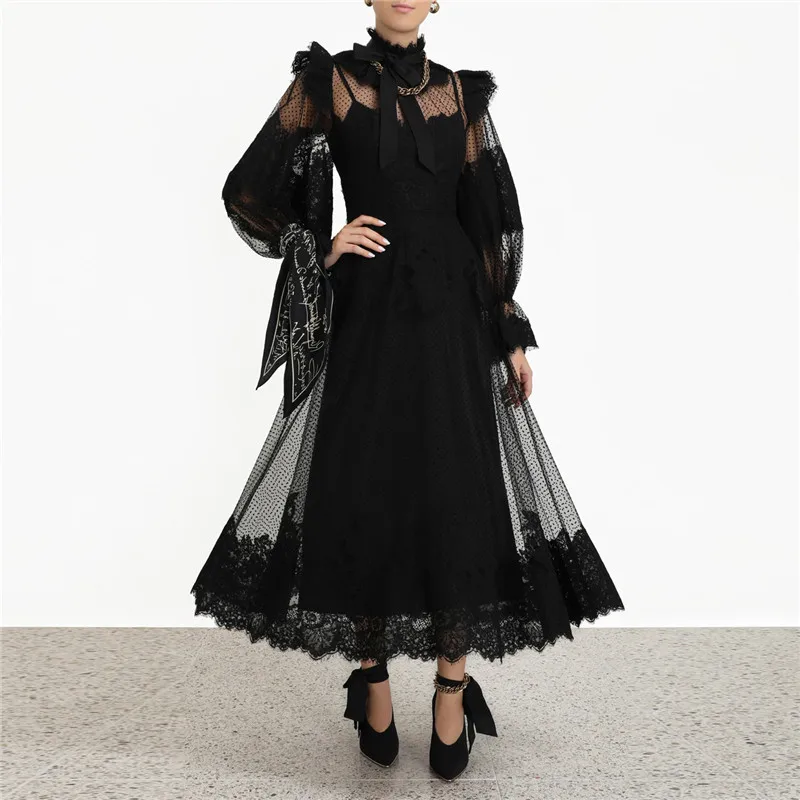 Нарядные элегантные платья с бантом с длинными рукавами, с манжетами и перспектива женское платье взлетно-посадочной полосы дизайнер высокое качество белый/черное кружевное платье миди платье Vestido