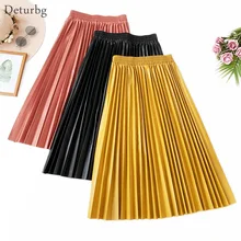 Женская модная Высококачественная PU женская Юбка-миди Корейская Высокая талия плиссированные юбки из искусственной кожи Faldas Jupes осень SK404