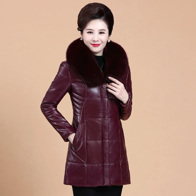 L-8XL Mother Leather Coat Winter New Fashion Woman Overcoat Fur Collar Sheepskin Tops Jacket Thicken Warm Long Outerwear Female women sheep shearing coat winter 2021 fashion elegant thicken quilted outerwear hooded fur collar tops long wool blends female