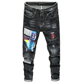 

2019 Men Jeans Hole Printing Cowboy Male Pants Straight Cylinder Leisure Jeans Male