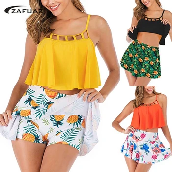 

Push Up Swimsuit Women Tankini Plus Size Swimwear Ruffles Fruit Print Swimsuits With Skirt Shorts Hollow Backless Sexy Bikinis