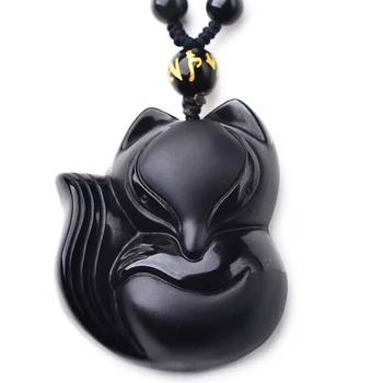 

Obsidian Fox Pendant Necklace Black Jade pendant lucky to ward off bad luck Energy Stone