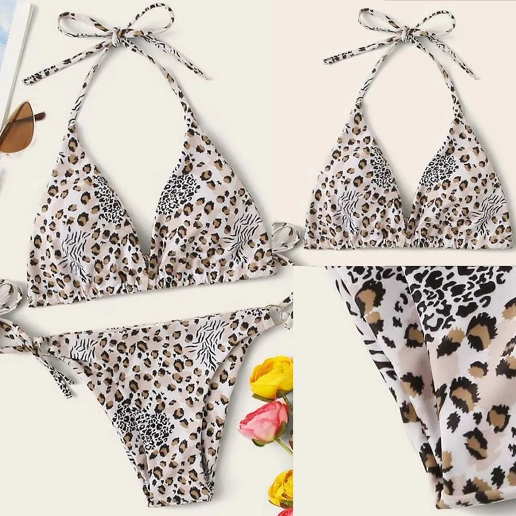 

New Women Leopord Printing Halter Bikini Set Pad Sexy Swimsuit Push Up Swimwear Suit Two Pieces Bathing Suit For Bathers Biquini