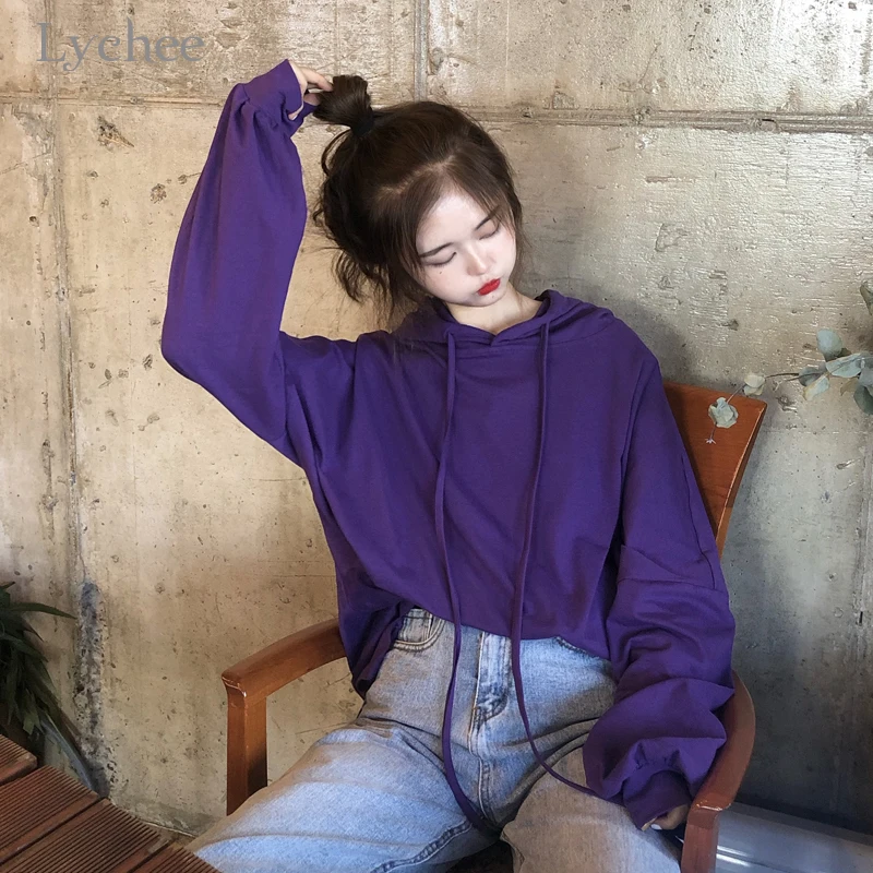 

Lychee Harajuku Solid Color Women Hooded Sweatshirts Loose Long Sleeve Lady Hoodies Tracksuit O-Neck Lady Pullovers