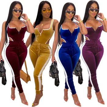 

New Velvet Sexy V Neck Women Matching Set Fashion 2020 Sleeveless Athleisure Two Piece Outfits Hot Bodysuit and Pants Sets