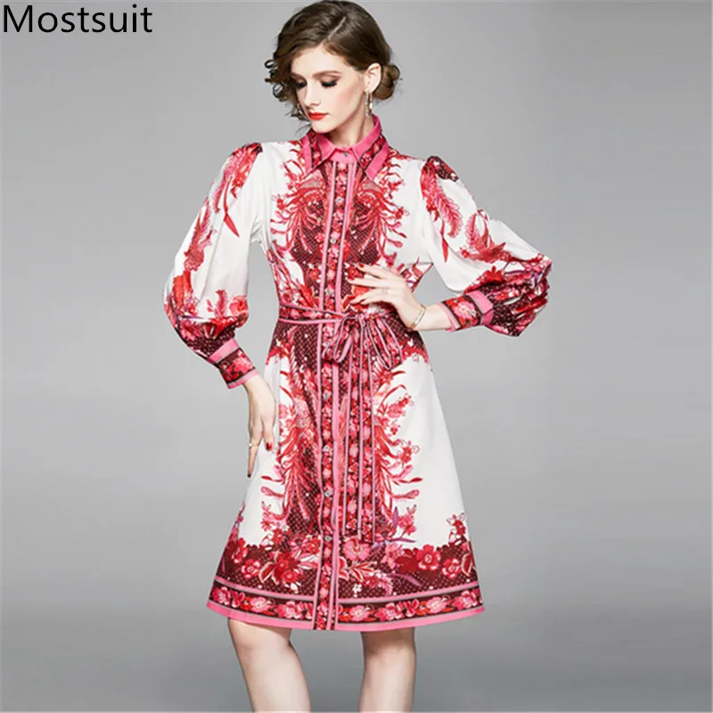 

2020 Spring Runway Fashion Royal Printed Vintage Midi-length Dress Women Long Sleeve Turn-down Collar Belted Elegant Dresses