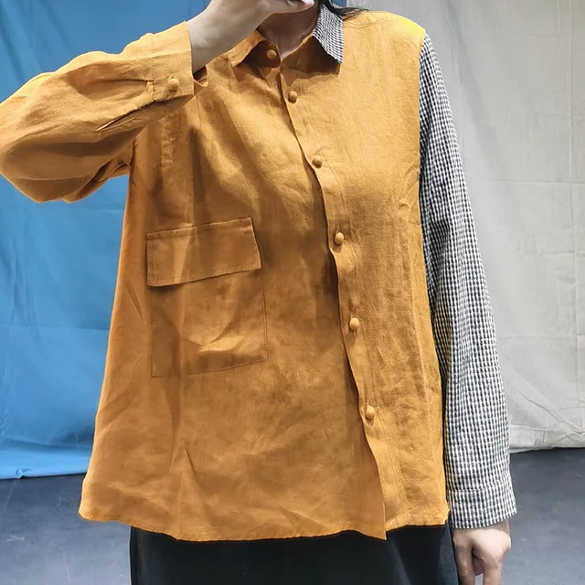 Women Autumn Patchwork Linen Blouse Ladies Vintage Spliced Cotton Linen Shirts Tops Female 2020 Blouses 6