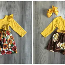 Новое поступление, осенне-зимняя одежда для маленьких девочек детское горчичное платье с цветочным принтом изысканные наряды из хлопка с оборками до колена, с бантом